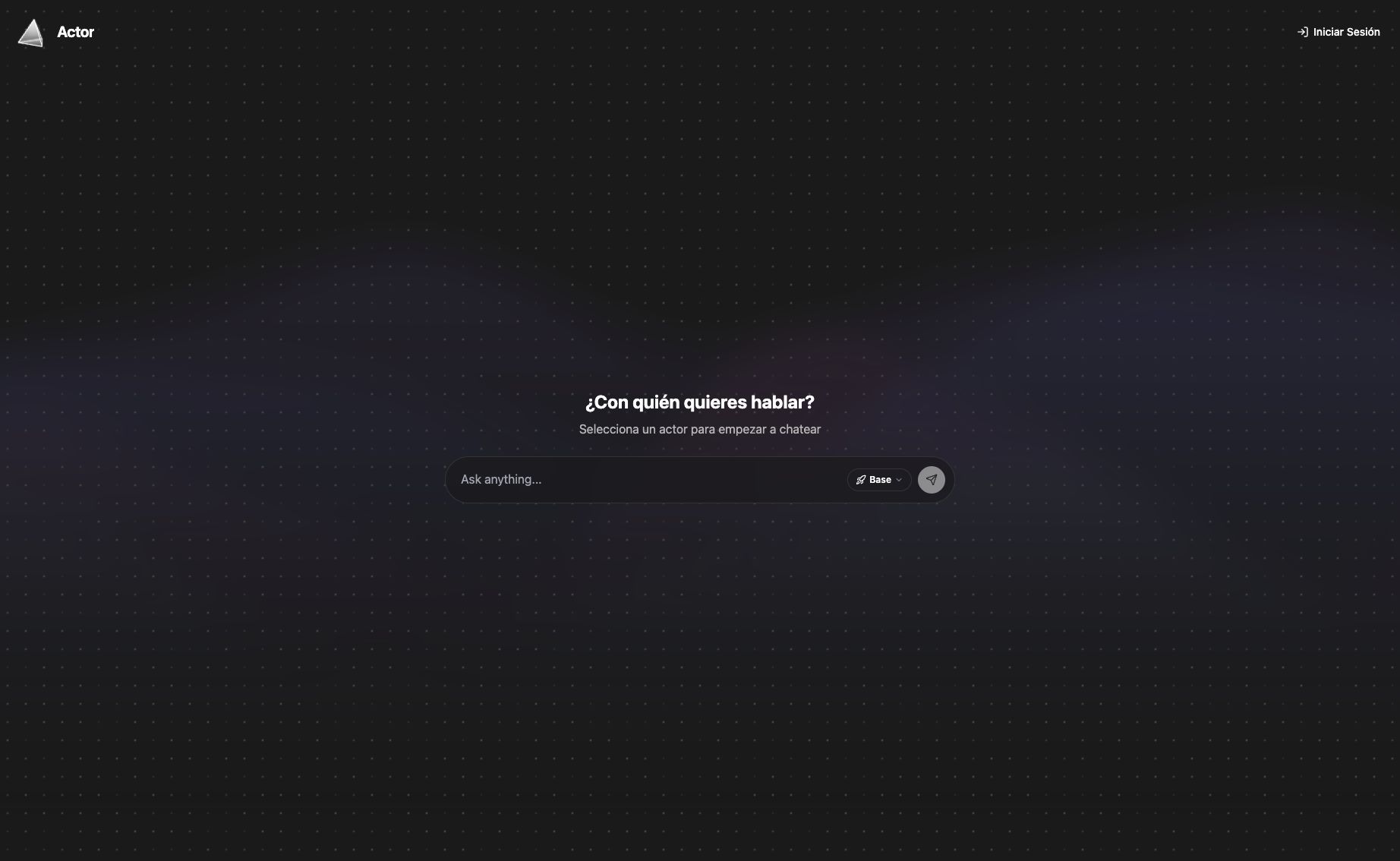 Actor's dark conversational interface asking the user which character they want to speak with.
