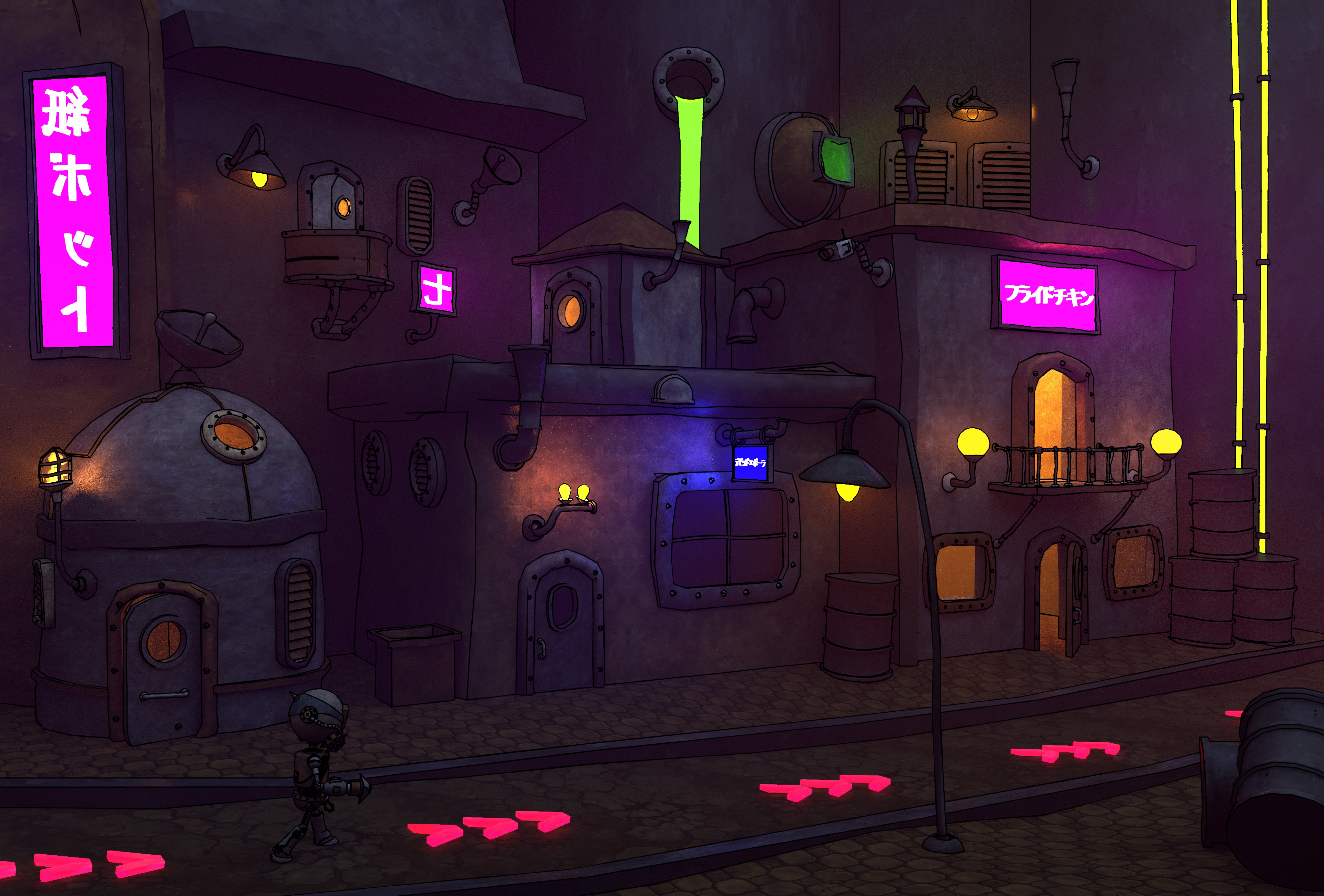 Paperbot exploring a dense robotic city in a purple night scene.