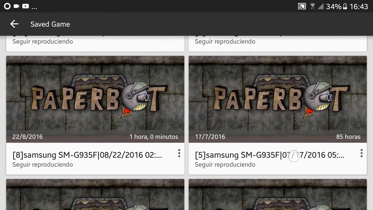 Google Play saved-game screen containing Paperbot cloud saves.