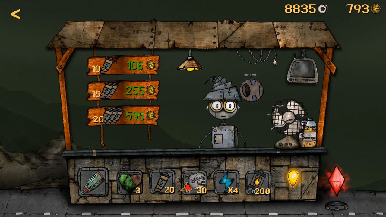 Paperbot workshop displaying purchasable upgrades and resources.