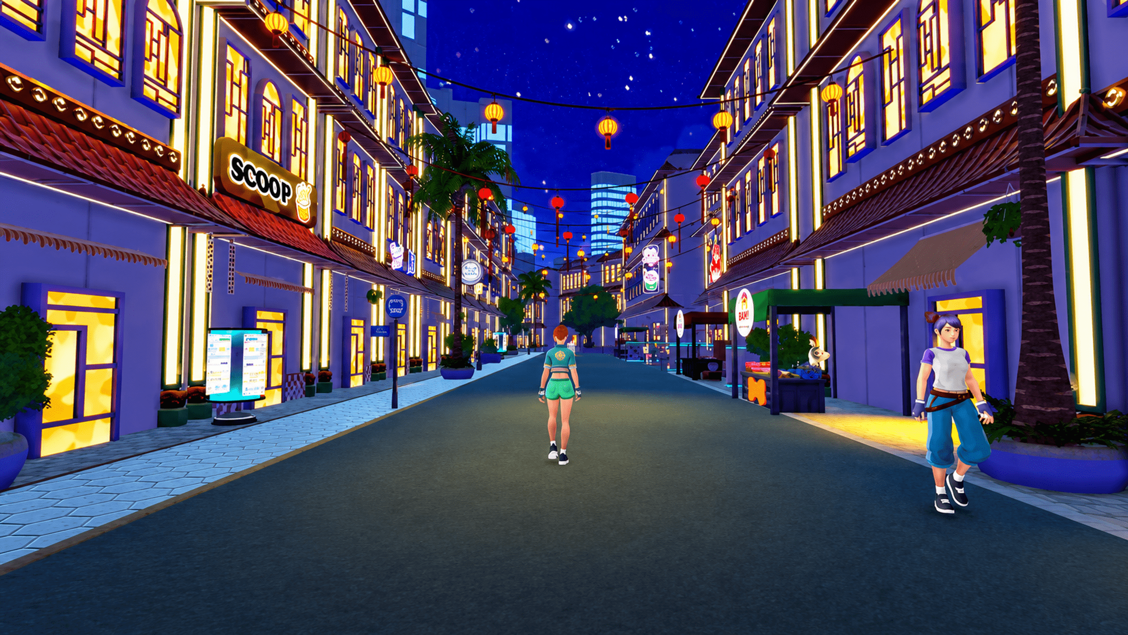A SolAR player character and another inhabitant meeting on a neon-lit Singapore street at night.