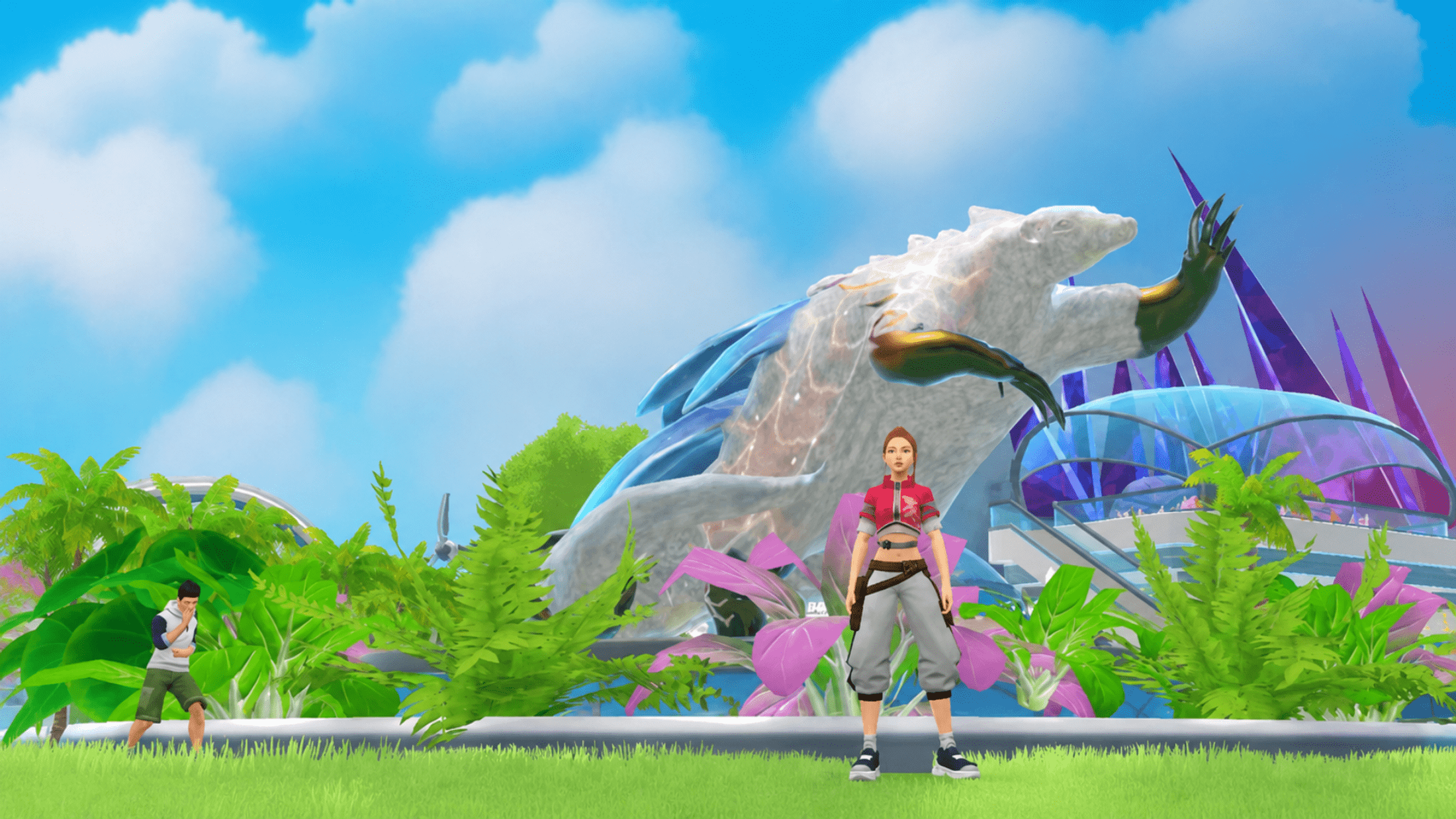 A SolAR player avatar standing in a lush city environment beside a large creature sculpture.