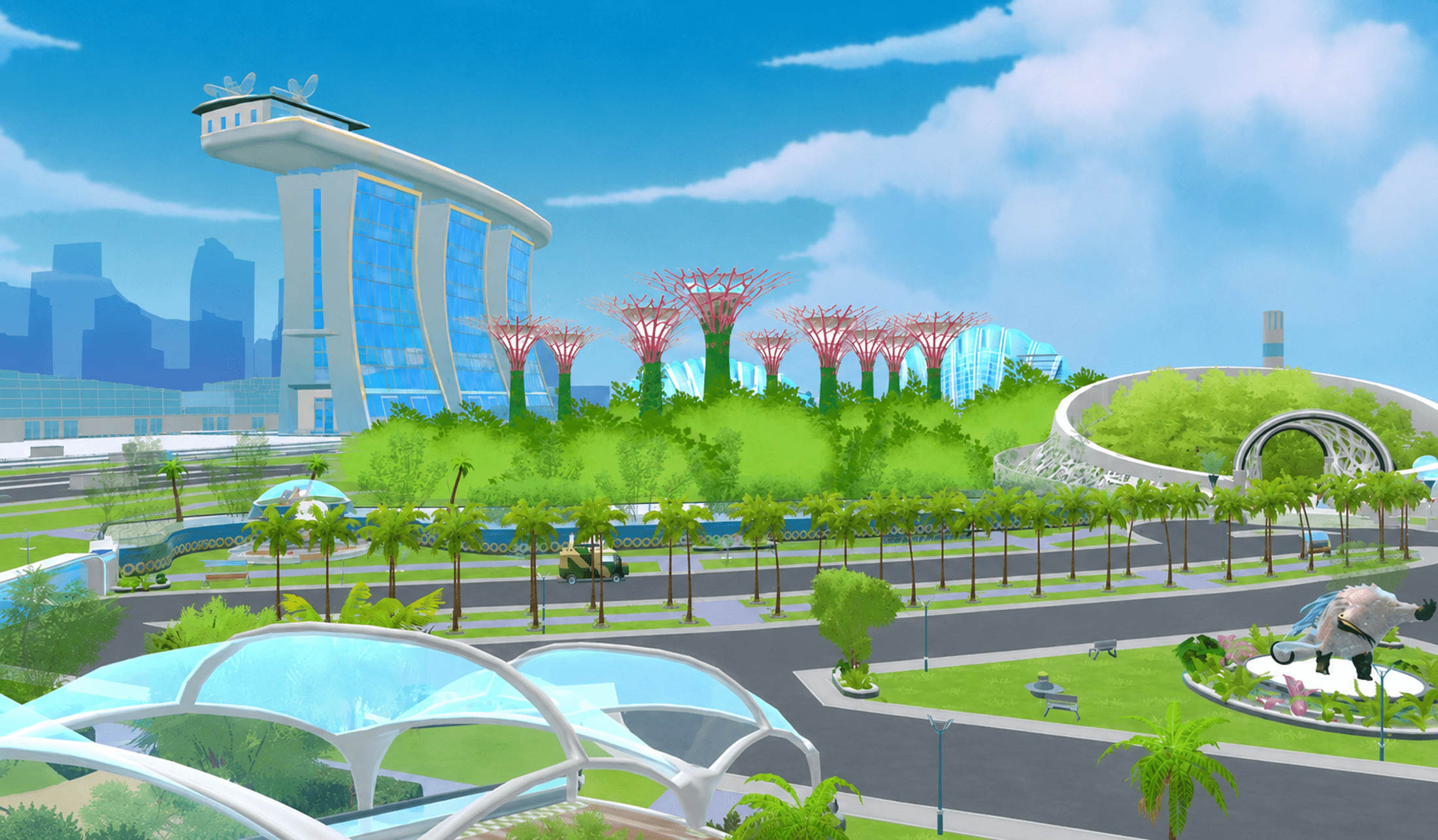 SolAR's bright solarpunk interpretation of Singapore with gardens, roads and futuristic architecture.